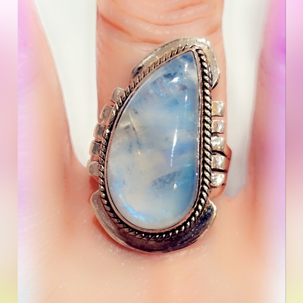 Rainbow Moonstone Sterling Silver Gemstone Ring Sz 8.5